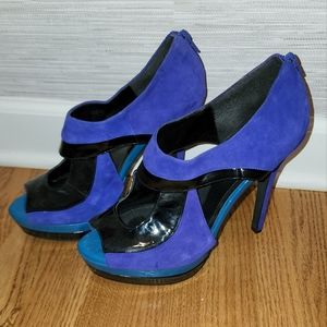 Jessica Simpson Blue/Teal/Black Color Block Platform,Open Toe Bootie Shoes sz 10